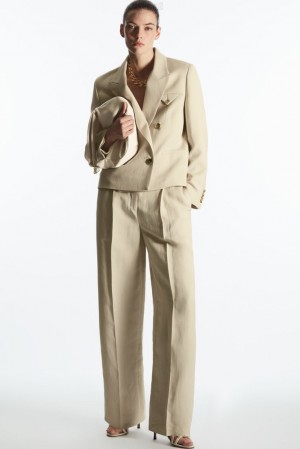 Beige COS Wide-Leg Pleated Linen-Blend Trousers | FW47-Y9WY