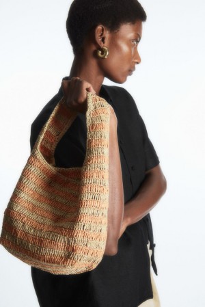 Beige / Orange / Striped COS Mini Raffia Shoulder Bag | QJ68-A1RD