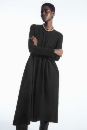 Black COS Asymmetric Gathered-Waist Midi Dress | XG69-W4UV