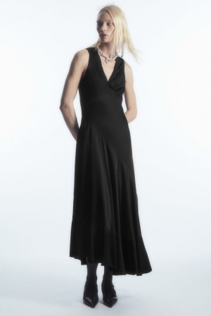 Black COS Asymmetric Satin Midi Dress | VZ81-O0TL