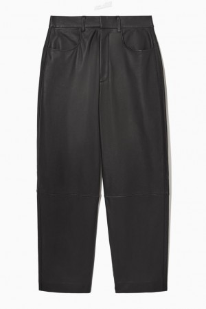 Black COS Barrel-Leg Leather Trousers | OT41-A9QX