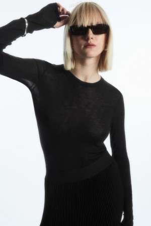 Black COS Crew-Neck Merino Wool Top | EO22-A8DV