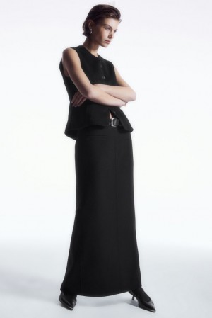 Black COS Double-Faced Wool Column Maxi Skirt | WH57-H0EX