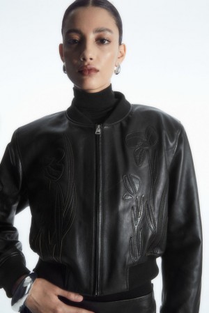 Black COS Oversized AppliquéD Leather Bomber Jacket | ZS73-O7UV