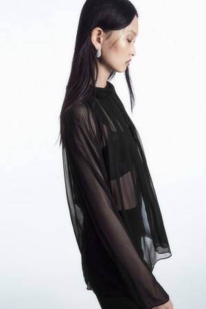 Black COS Oversized Pleated Sheer Silk Blouse | SE70-T5BB