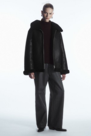 Black COS Oversized Reversible Shearling Jacket | KX41-C3UN