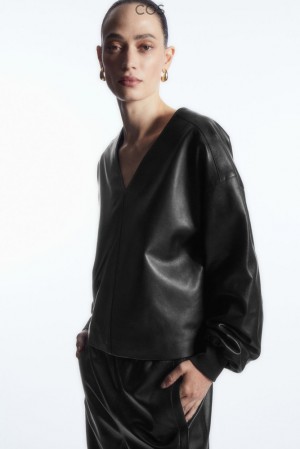 Black COS Oversized V-Neck Leather Top | MJ20-G3LA