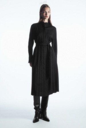 Black COS Pleated Wool-Blend Shirt Dress | GT47-K4FB