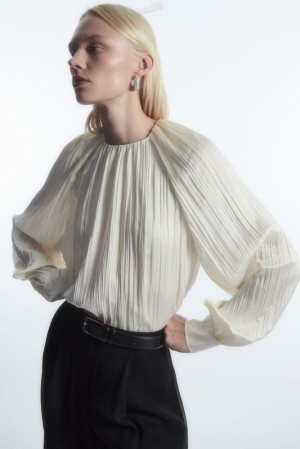 Black COS Plissé Long-Sleeved Blouse | TX08-T7HT