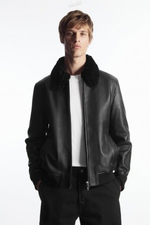 Black COS Shearling-Trimmed Leather Bomber Jacket | ND43-W6KQ