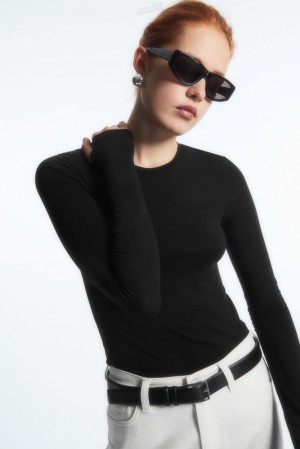 Black COS Slim-Fit Long-Sleeve Top | CR19-A0ZU