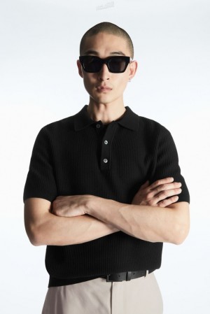 Black COS Textured Knitted Polo Shirt | QP83-F8PN