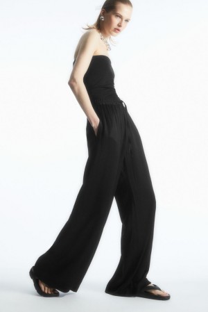 Black COS Textured Wide-Leg Drawstring Trousers | DZ02-A3EI