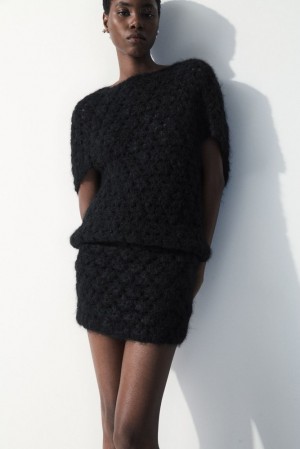 Black COS The Crochet-Knit Mini Skirt | HK75-M9RE