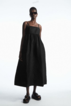 Black COS Voluminous Textured Midi Dress | HJ55-J1WY