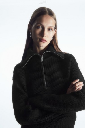 Black COS Wool And Cotton Half-Zip Sweater | TI92-H1YH