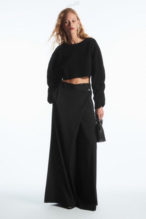 Black COS Wrap-Front Wide-Leg Wool Pants | BX13-S7CF