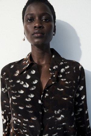 Black / Feather Print COS The Feather-Print Silk Shirt | CH44-Q2HU