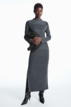 Blue COS Striped Ribbed-Knit Midi Dress | VP64-Y0FN