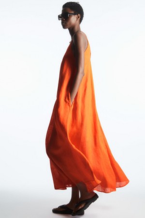 Bright Orange COS Pleated V-Neck Linen Midi Dress | VD95-F5QE