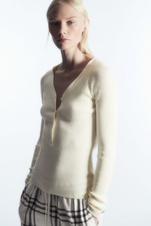 Cream COS V-Neck Ribbed Wool Henley Top | LO55-W1NB