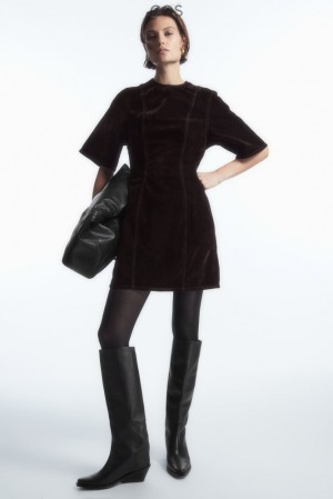 Dark Brown COS Flocked-Denim Panelled Mini Dress | GP03-O5VD