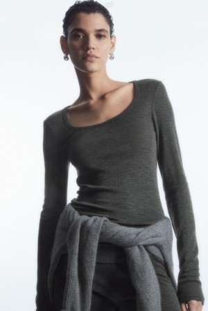 Dark Grey MéLange COS Scoop-Neck Merino Wool Long-Sleeved Top | FD31-P1ES