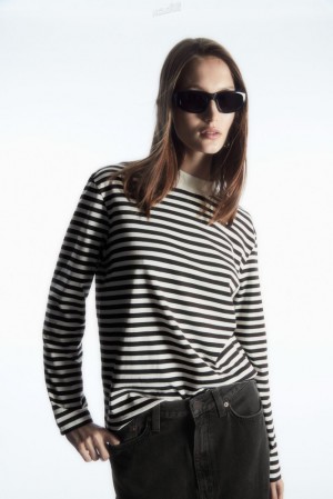 Green / Striped COS Long-Sleeved Mock-Neck T-Shirt | YM07-X3CU