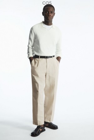 Light Beige COS Pleated Straight-Leg Linen-Blend Trousers | TL42-V6AQ