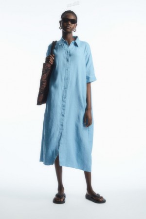 Light Blue COS Belted Linen Shirt Dress | HI21-P2IJ