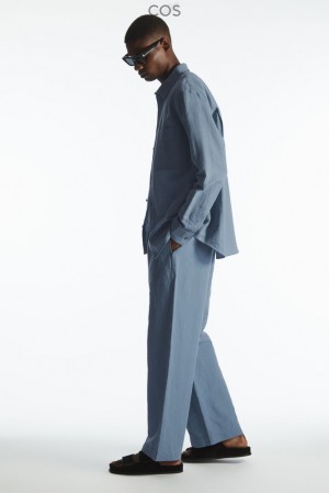 Light Blue COS Straight-Leg Textured Linen Trousers | WD79-O1LJ