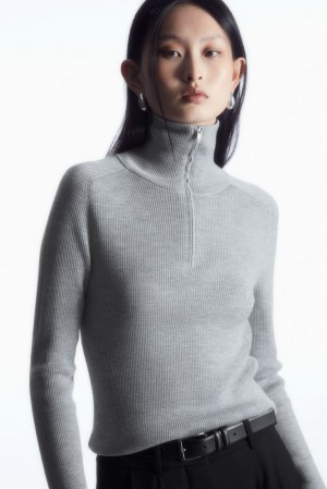 Light Gray MéLange COS Ribbed Wool Half-Zip Top | FR01-F5LC