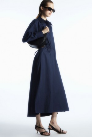 Navy COS Cutout-Waist Midi Shirt Dress | WH18-K0TG