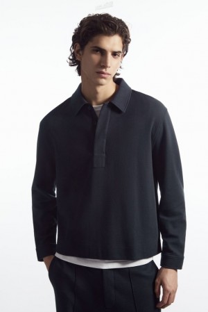 Navy COS Long-Sleeved Jersey Polo Shirt | KB22-T7HJ