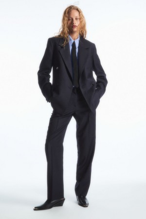 Navy COS Low-Rise Tailored Wool Trousers | RH88-T7PQ