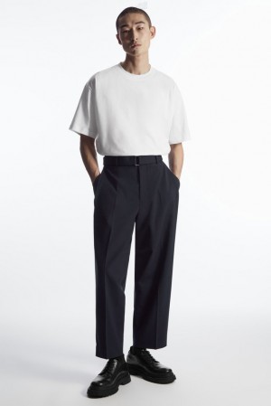 Navy COS Relaxed Belted Wool-Blend Pants | IE84-G0DY