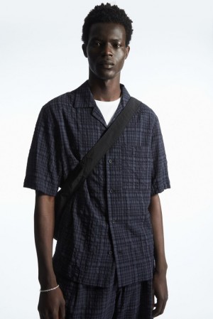 Navy / Checked COS Checked Seersucker Camp-Collar Shirt | UQ51-L8UG