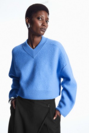 Sky Blue COS Cropped V-Neck Wool Sweater | YE88-H3VN