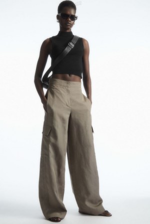 Stone COS Wide-Leg Linen-Blend Cargo Trousers | YH06-I8NL