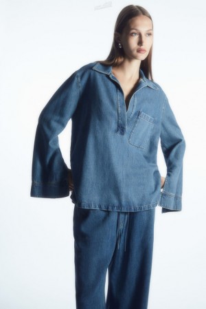 Washed Blue COS Collared V-Neck Denim Top | KB26-B8CS