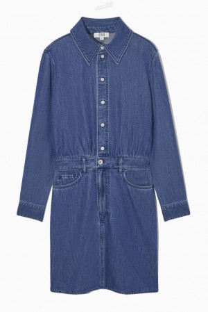 Washed Blue COS Structured Denim Shirt Dress | XG58-T4VW