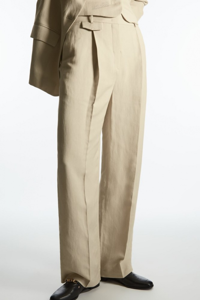 Beige COS Wide-Leg Pleated Linen-Blend Pants | CK11-P8RS