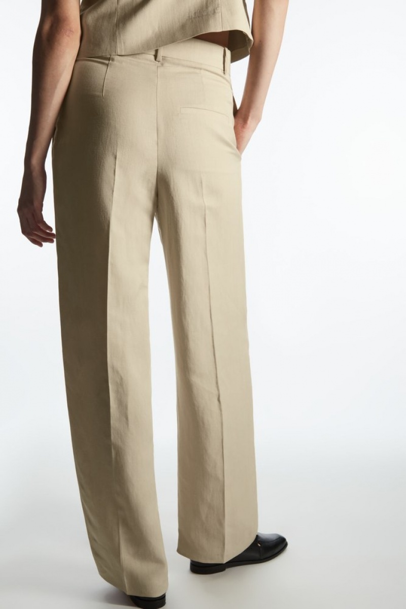 Beige COS Wide-Leg Pleated Linen-Blend Pants | CK11-P8RS