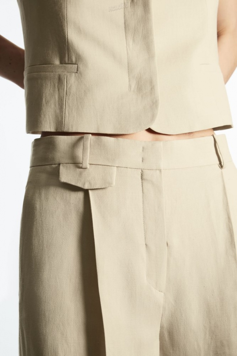 Beige COS Wide-Leg Pleated Linen-Blend Trousers | FW47-Y9WY