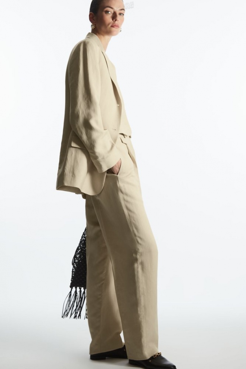 Beige COS Wide-Leg Pleated Linen-Blend Trousers | FW47-Y9WY