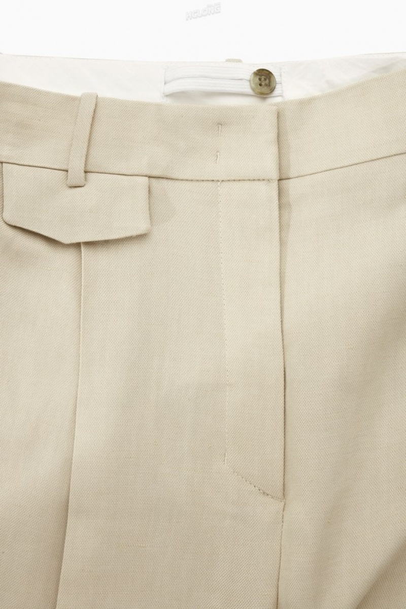 Beige COS Wide-Leg Pleated Linen-Blend Trousers | FW47-Y9WY