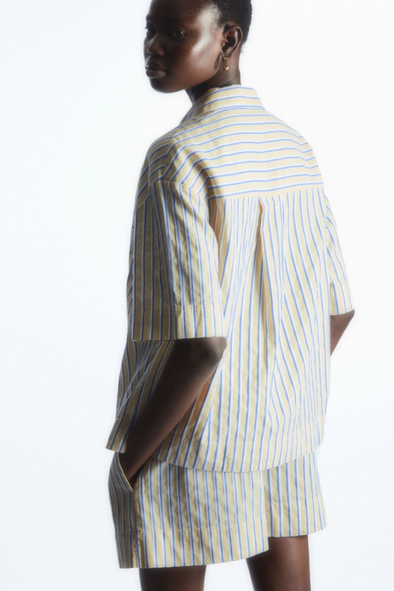 Beige / Blue / Striped COS Striped Linen-Blend Camp-Collar Shirt | BM87-O4AK