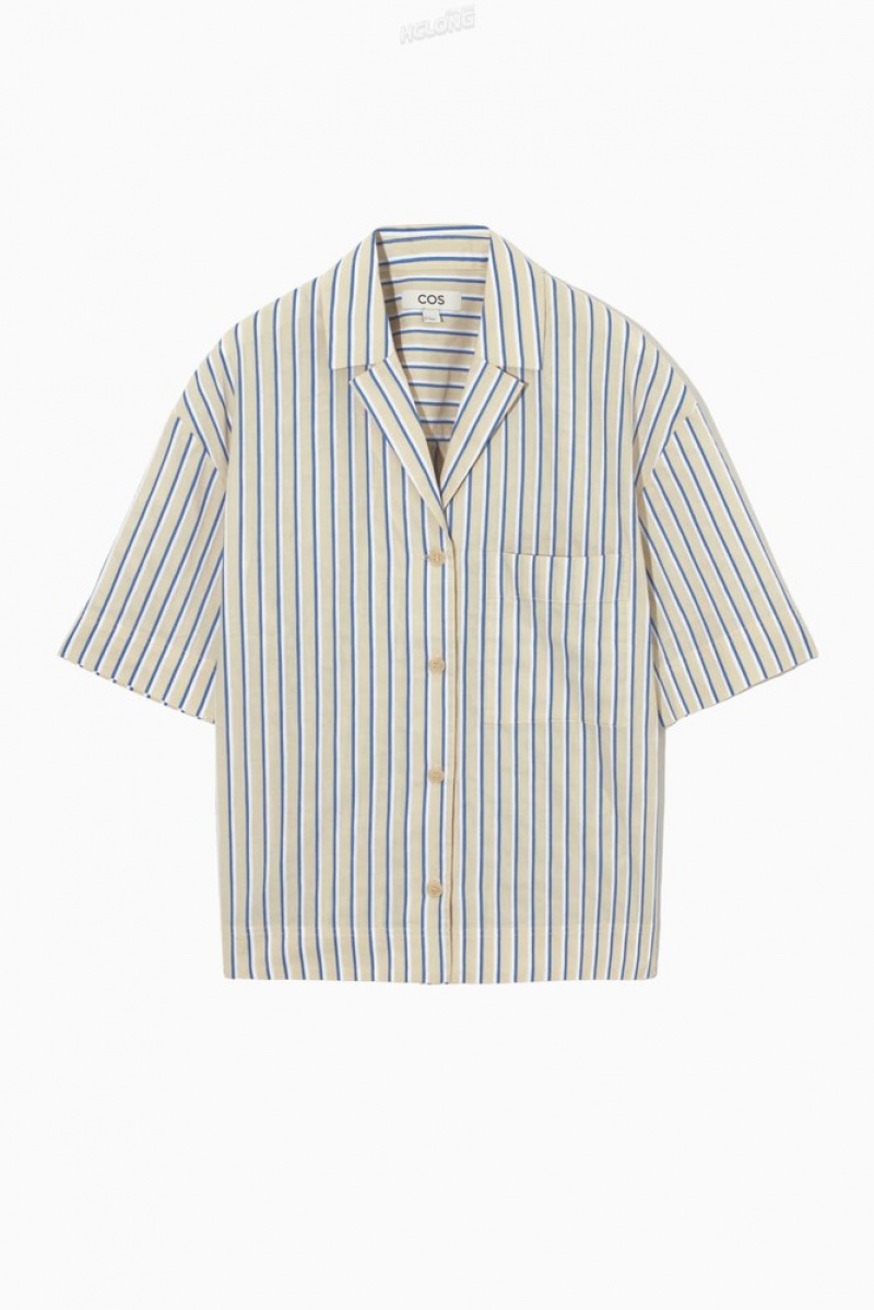 Beige / Blue / Striped COS Striped Linen-Blend Camp-Collar Shirt | BM87-O4AK