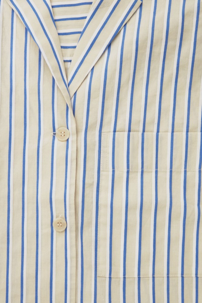 Beige / Blue / Striped COS Striped Linen-Blend Camp-Collar Shirt | BM87-O4AK