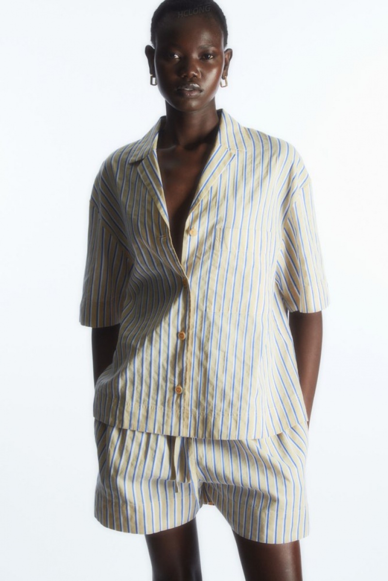 Beige / Blue / Striped COS Striped Linen-Blend Camp-Collar Shirt | BM87-O4AK